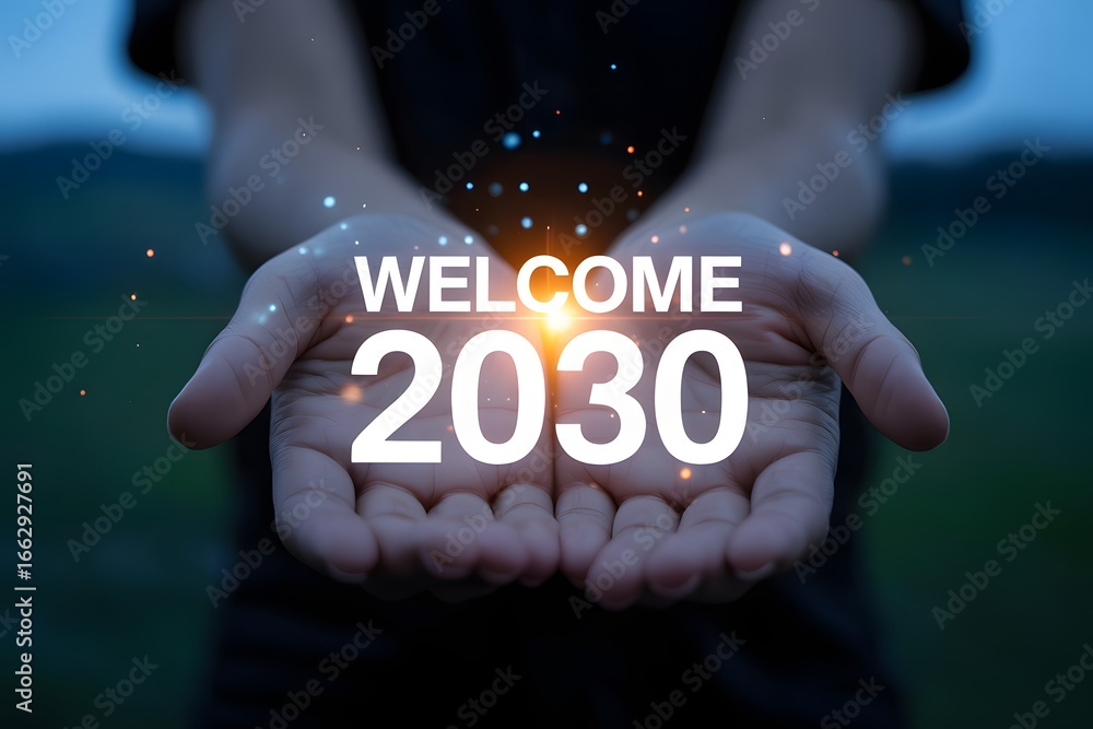 Poster welcome year two thousand thirty presented in open hands with sparkling light effects around it
