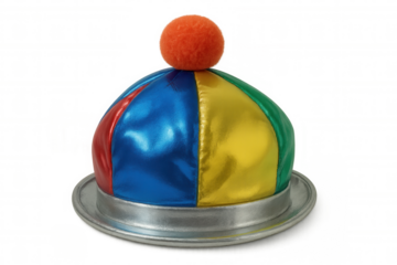 Shiny multicolored jester hat with pompom displayed on metallic plate, isolated on transparent background, perfect for festive projects