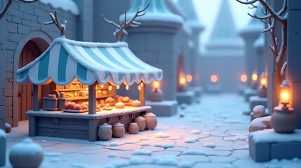 Minimalist 3D market stall with icy white striped canopy frozen fantasy castle courtyard glowing ice lanterns