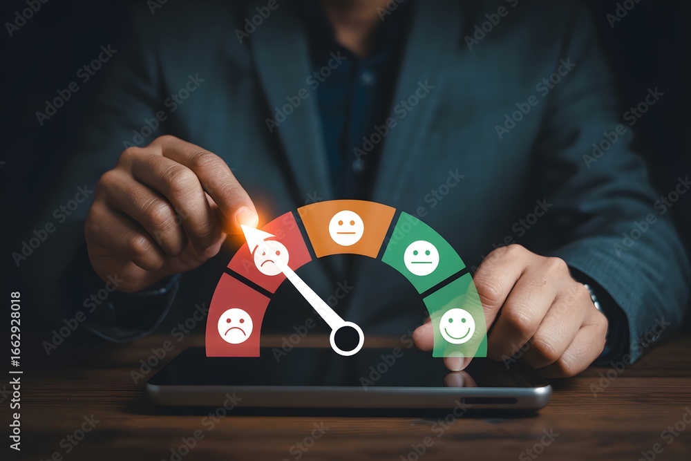 Poster a person indicating a negative rating on a digital gauge with a range of facial expressions