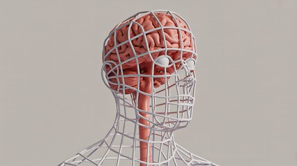 Wireframe human head with exposed brain symbolizing science and artificial intelligence
