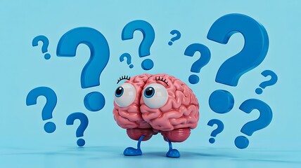 Cartoon brain with eyes surrounded by question marks symbolizing confusion and thinking
