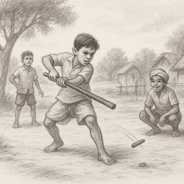 Traditional Indian Village Kids Playing Gilli Danda &ndash; Rural Childhood Game Sketch