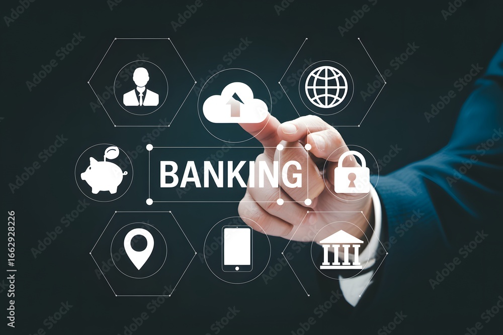 Poster a hand touching a cloud icon with banking text and various financial related icons on a dark backgro
