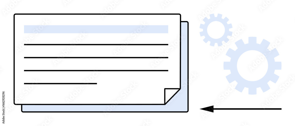 Poster stack of papers with an arrow pointing right and gears in the background, signifying workflow automa