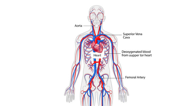 Explore the human circulatory system with this detailed anatomical chart showing arteries, veins, and the heart