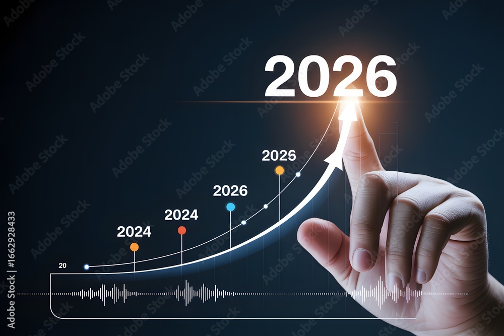 Poster a hand pointing to the year twenty twenty six on an upward trending graph against a dark background
