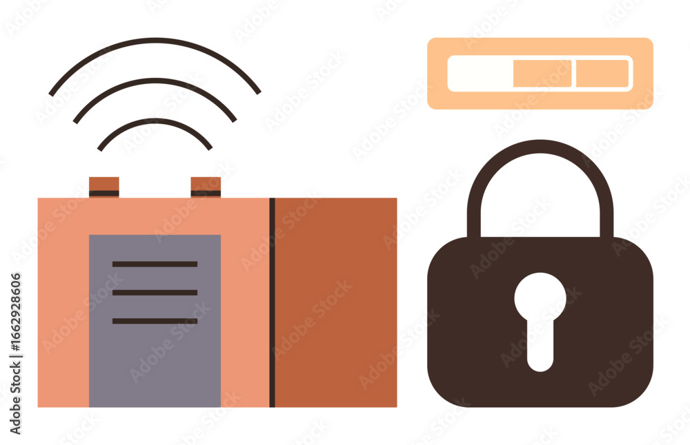 Poster router with wireless signals, lock icon, and loading bar represent data encryption, secure communica
