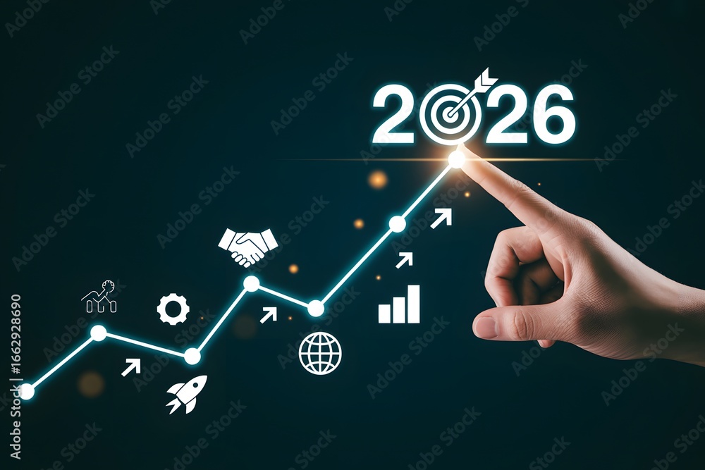 Aufkleber a hand pointing at a target on a graph with icons and the year two thousand twenty six above it all