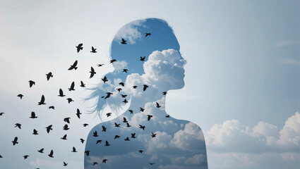 The artwork captures the essence of mental health through a collage of a woman's silhouette intertwined with birds in flight against a dreamy sky, symbolizing freedom and introspection
