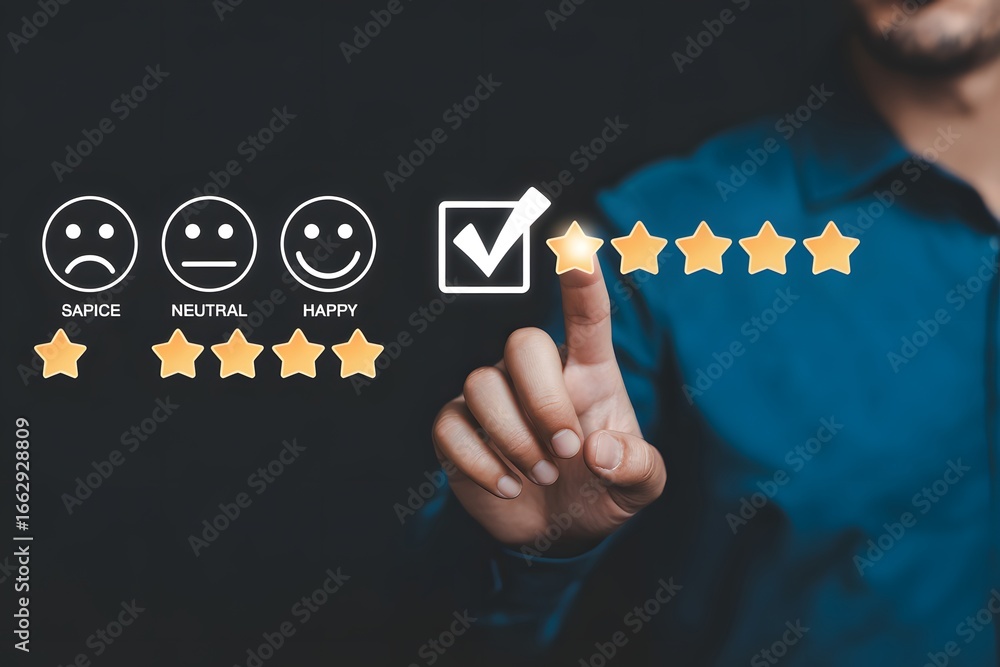 Poster man giving a rating with stars and facial expressions on a dark background in a studio shot