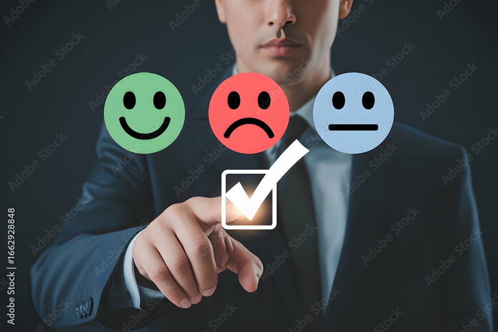 Aufkleber man in suit selecting a negative feedback option from feedback icons on a virtual interface