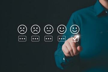 A person selecting a positive feedback option from a row of emotion based rating icons display