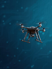  sleek drone hovers against a blue circuit-like background, showcasing advanced technology and innovation in aerial robotics.