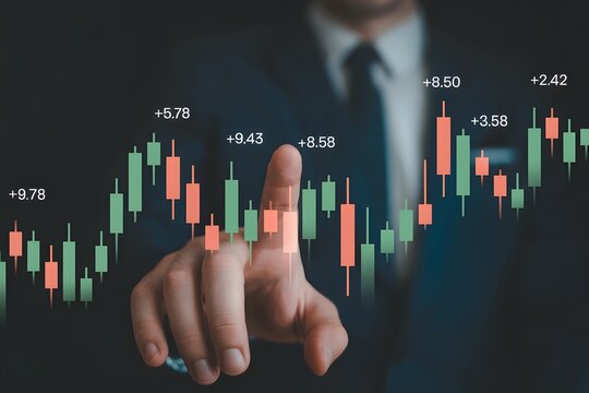 A businessman interacting with a stock market chart with green and red candles and numeric values above