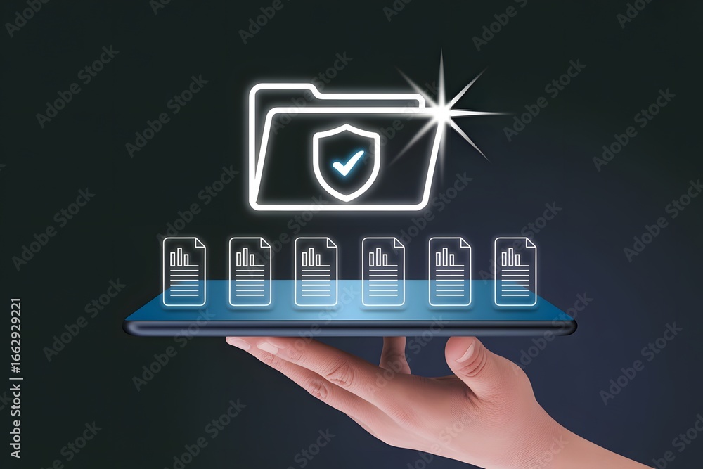 Aufkleber hand holding tablet displaying secure folder and document icons on a dark background design