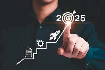 Man pointing to target with year number and icons showing growth steps on a rising line chart