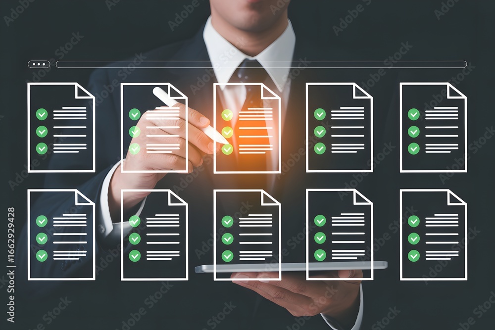 Poster a man in a suit holding a tablet with digital documents and check marks on a dark background