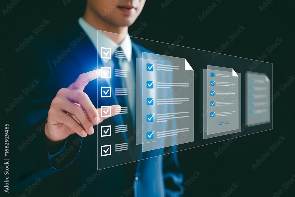 Aufkleber a man in a suit is pointing to a digital checklist with multiple documents and checkmarks displayed