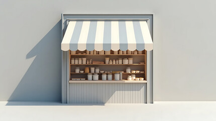 Naklejka premium Minimalist 3D market stall with soft grey striped canopy surrounded by urban minimalist architecture