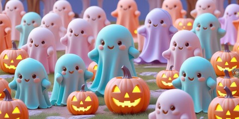 Playful ghosts celebrate halloween spooky garden digital artwork whimsical colorful atmosphere