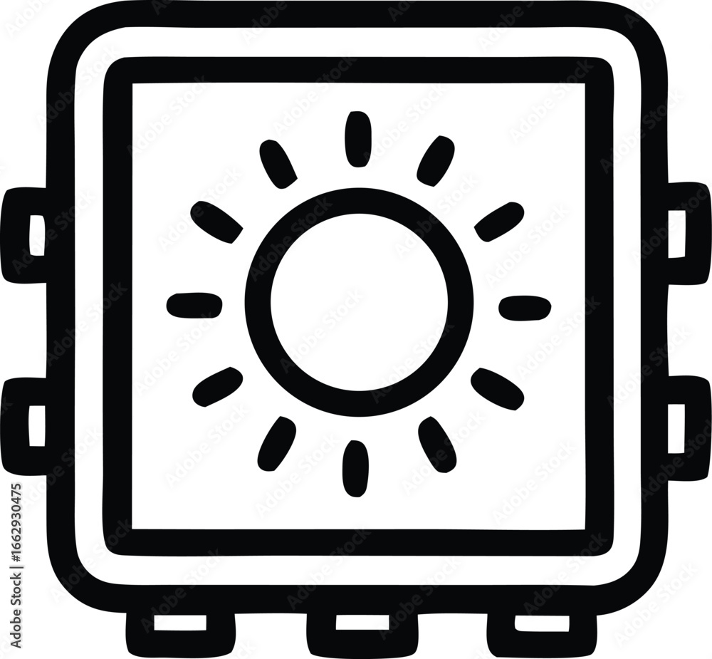Poster simple line art icon of a sun inside a square device with circuit board pins representing technology