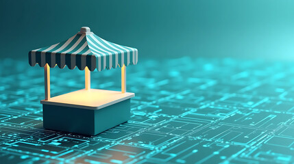 Minimalist 3D market stall with teal striped canopy floating over futuristic digital grid glowing with light trails