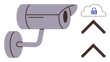 CCTV camera with cloud featuring padlock and upward arrows symbolizing security, privacy, storage, and data transfer. Ideal for technology, security, privacy, smart systems, cloud computing data