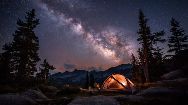 tent , camping in the mountains in the night , galaxy in clear sky