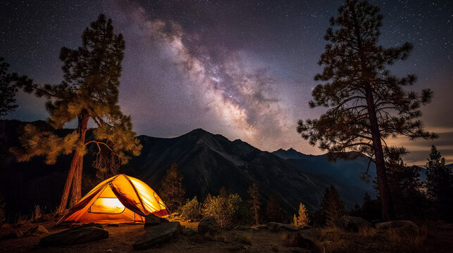 tent , camping in the mountains in the night , galaxy in clear sky