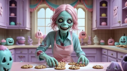 Zombie baker making halloween cookies in a colorful kitchen whimsical atmosphere playful concept