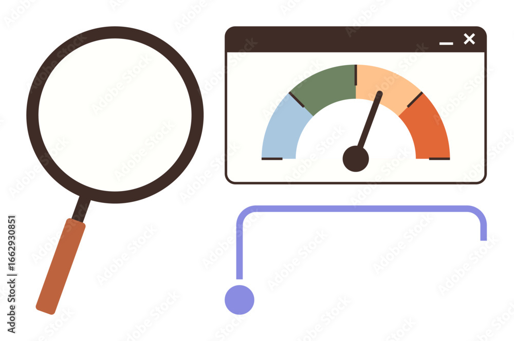 Poster magnifying glass, performance gauge with arrow in color zones, and abstract visual elements. ideal f