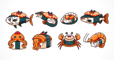 Cute sushi set of fish, oyster, crab, shrimp, eel, and squid with rice and nori, cartoon vector. Suitable for culinary and food businesses