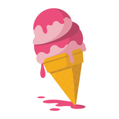 A delicious and refreshing cartoon pink strawberry ice cream cone melting on a hot summer day, vector illustration