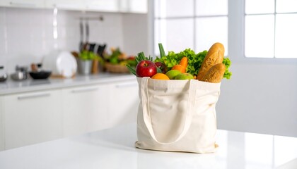 Grocery bag filled with produce on a kitchen counter