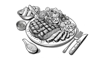 A steak meal and french fries, black and white illustration