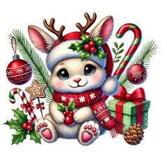 Cute holiday bunny with festive decorations and gifts.