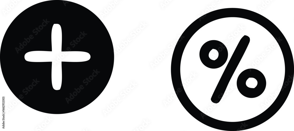 Aufkleber simple clean icons featuring a plus sign in a circle and a percentage symbol in a circle representin