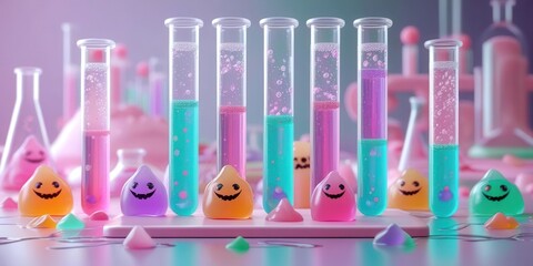 Colorful science experiment with cute smiling characters in a lab setting vibrant atmosphere fun concept