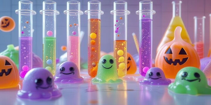 Halloween science experiment colorful slime and test tubes indoor laboratory fun activity creative environment close-up view
