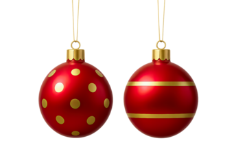 Two Hanging Red Christmas Balls One With Gold Polka Dots And One With Horizontal Gold Stripes Cutout Transparent PNG