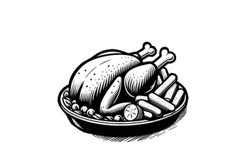Roast chicken and French fries, black and white illustration