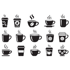 A diverse set of black coffee cup and mug icons with steam, perfect for a coffee shop menu or cafe branding, vector illustration