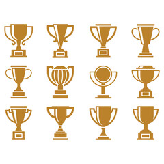 A collection of shiny golden trophy cup icons representing victory, achievement, and first-place awards, vector illustration
