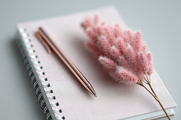 Minimal stationery flatlay with pastel notebook, pen, and pink muhly decoration, 