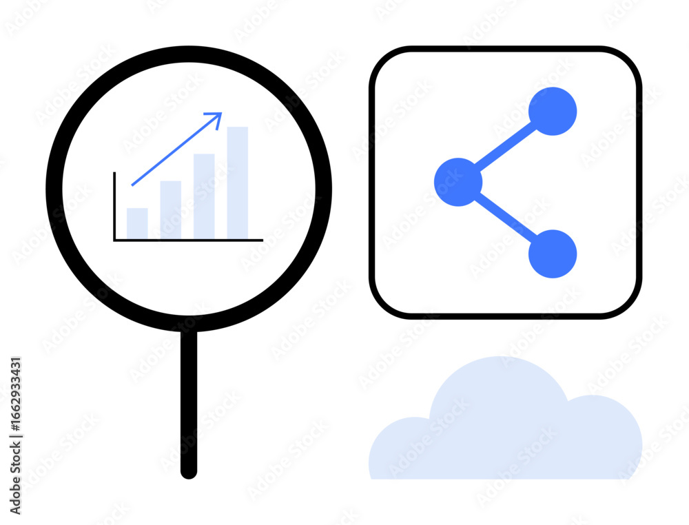 Poster magnifying glass highlighting growth chart, sharing icon with connected nodes, and cloud. ideal for 