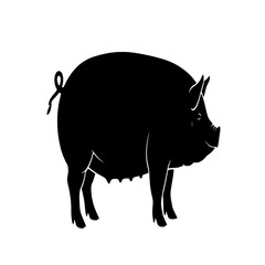 A simple, black silhouette of a pig, depicted in profile, standing on four legs.