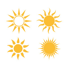A set of four different stylized yellow and orange sun icons, representing summer, warmth, and sunshine, vector illustration