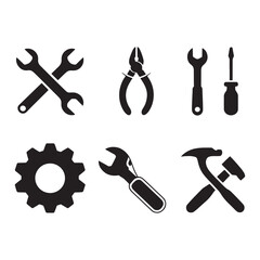 A versatile set of black and white workshop tool icons such as pliers, wrenches, and a hammer for service logos, vector illustration