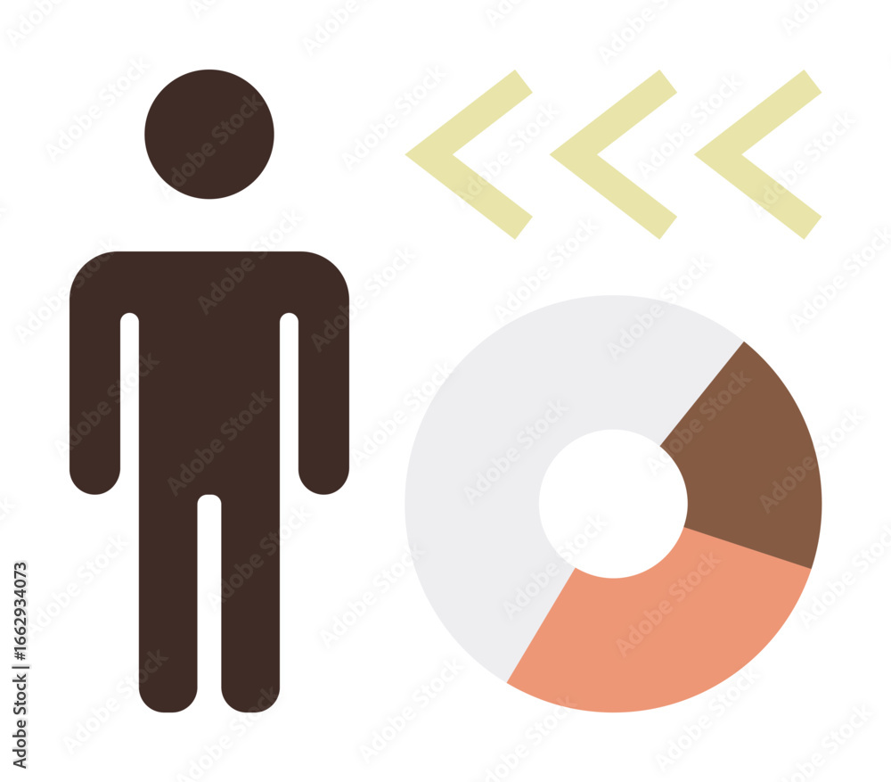Poster human figure next to segmented pie chart and directional arrows representing data, analytics, busine